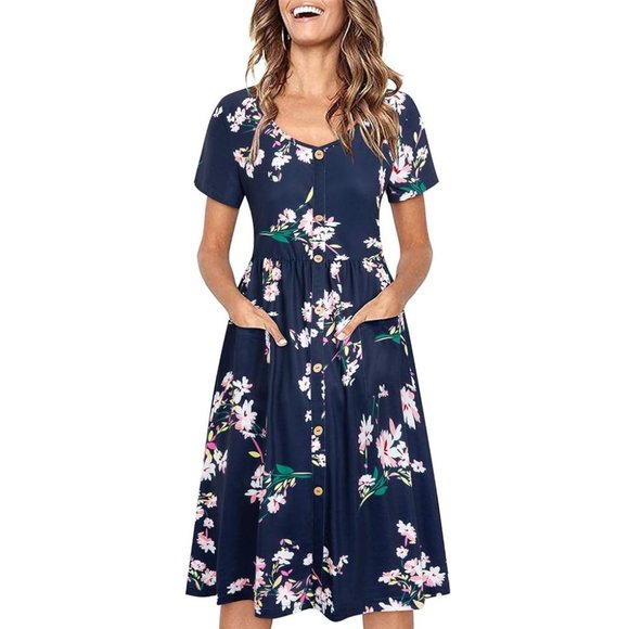 VOTEPRETTY Short Sleeve V Neck Button Floral Dress with Pockets. d91 - Picture 3 of 4
